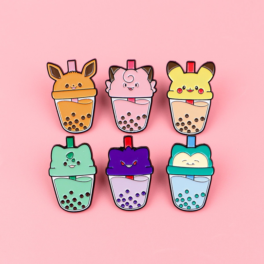 Enamel Pin - Boba Series - Eevee, Clefairy, Pikachu, Gengar, Bulbasaur, Snorlax